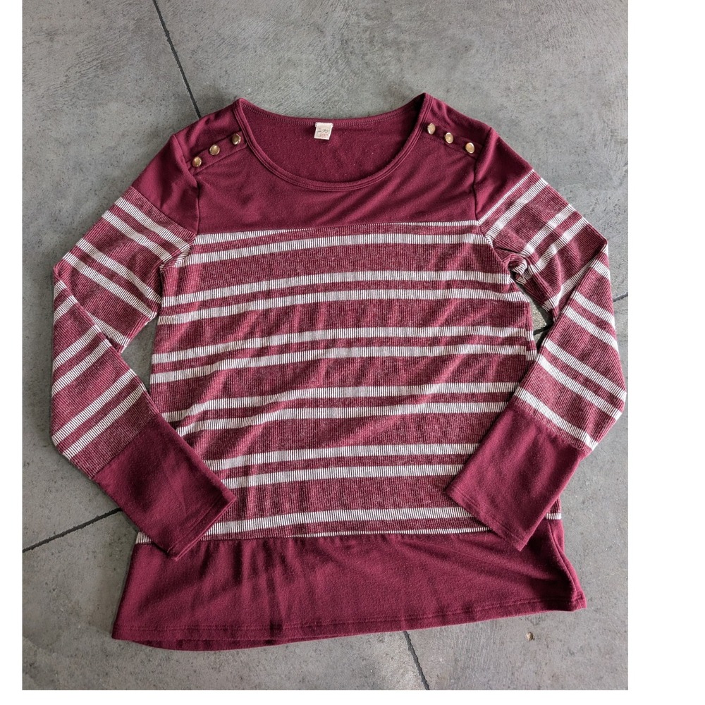 7th Ray Maroon Striped Long Sleeve Top with Gold Button Detail Women's‎